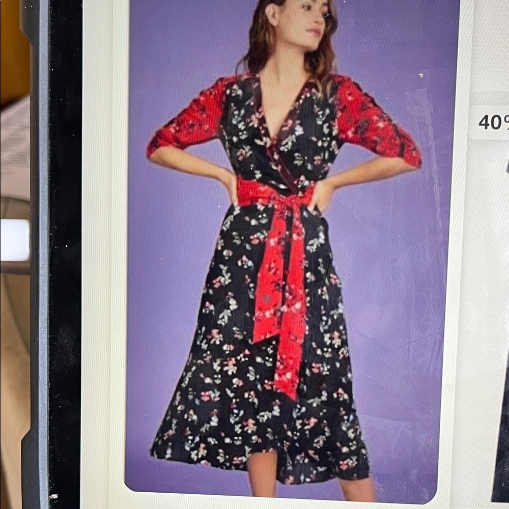 Tanya Taylor Black Floral Wrap Midi Dress with Red Accents